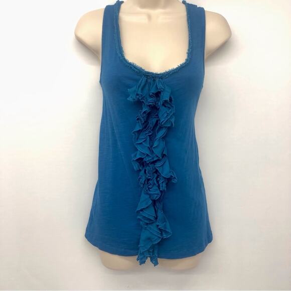 Ann Taylor Loft Teal Blue Textured Ruffled Front Tank Top Wide Scoop Neck - Picture 13 of 16